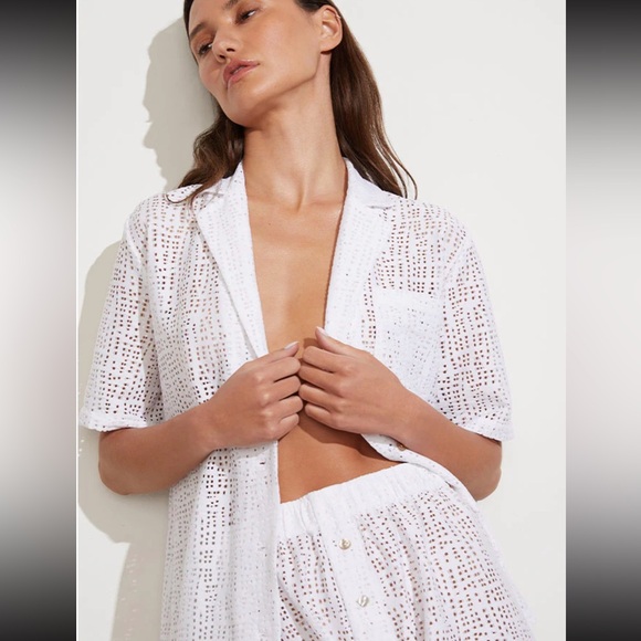 NWT NEGATIVE Eyelet Lace Island Shirt,White Perforated Relaxed Beach Cover Up, M - Picture 1 of 16